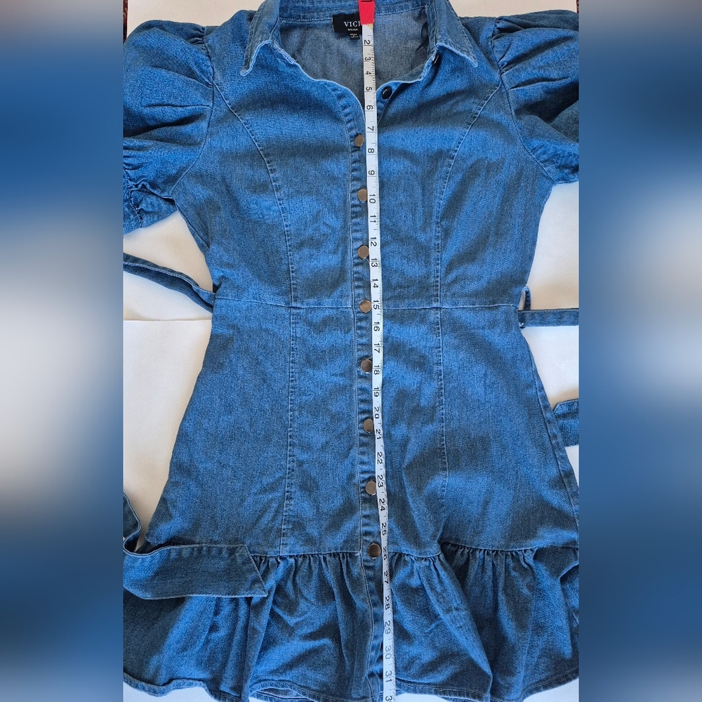 Vici Dress Denim Flirty Ruffle Short Puff Sleeve Mini Size S - Picture 13 of 13